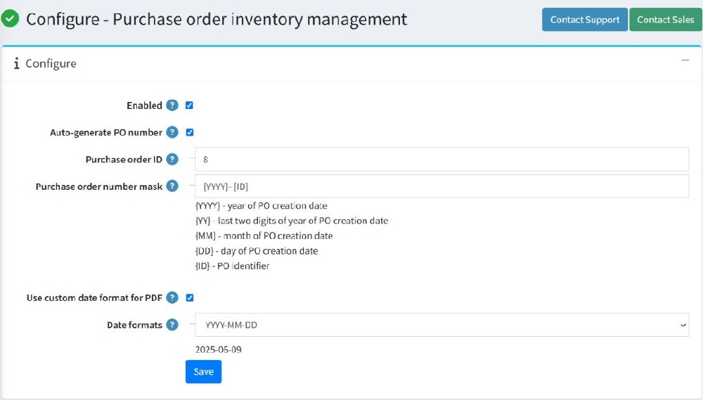 Purchase Order Inventory Management configure page